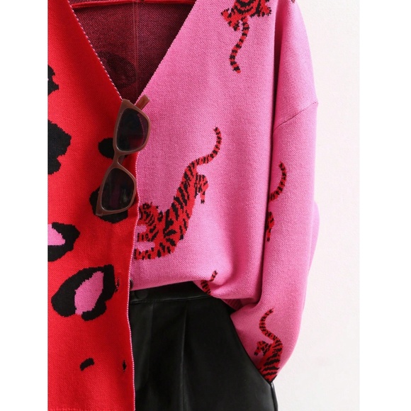 Red Pink Animal Print Button Down V-Neck Knit Cardigan - Picture 5 of 8